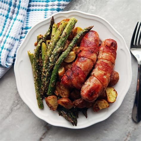 Bacon-Wrapped Sausages with Garlic Parmesan Asparagus and Potatoes ...