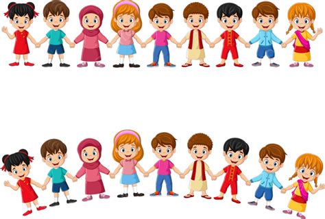 Cartoon Group Of Multiethnic Children Holding Hands, Cartoon Clipart ...