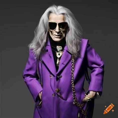 Image of a stylish old rockstar in purple coat and gold chains