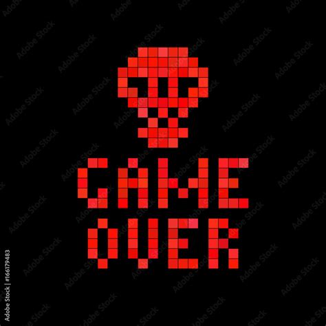 Game over. Red pixel skull on black screen. Pixel art background. Retro ...