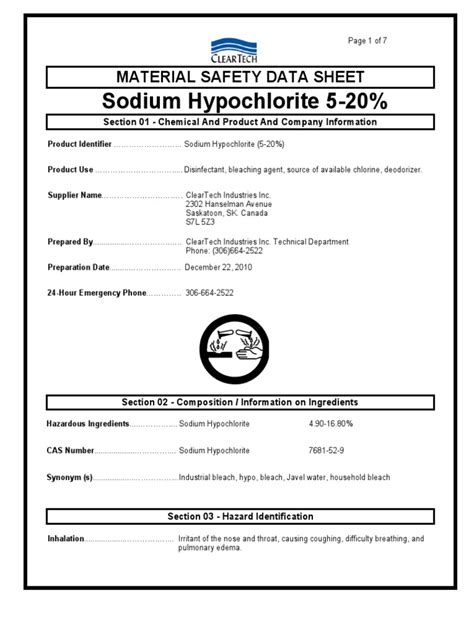 MSDS Sodium Hypochchlorite (Bleach) | Bleach | Chemical Substances