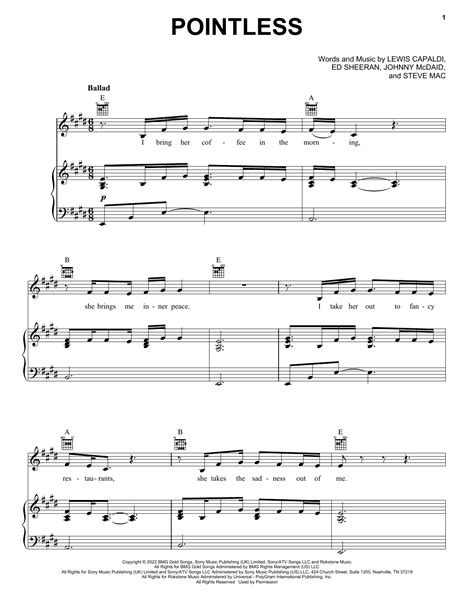 Pointless by Lewis Capaldi Sheet Music for Piano, Vocal & Guitar Chords ...