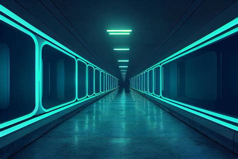 Abstract sci fi futuristic hallway dark room in space station with ...