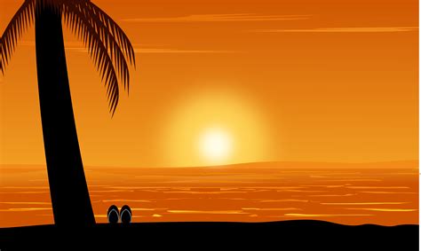 Silhouette of palm tree view on beach under sunset sky background. Design summer vector ...