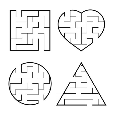 A set of easy mazes. Circle, square, triangle, heart. Game for kids. Puzzle for children. One ...