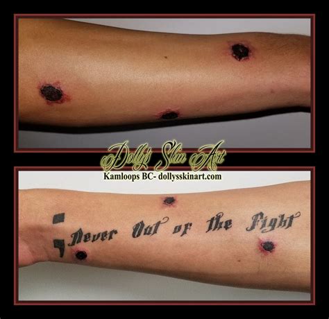 two pictures of the same arm with different tattoos on each arm and one has an inscription that ...