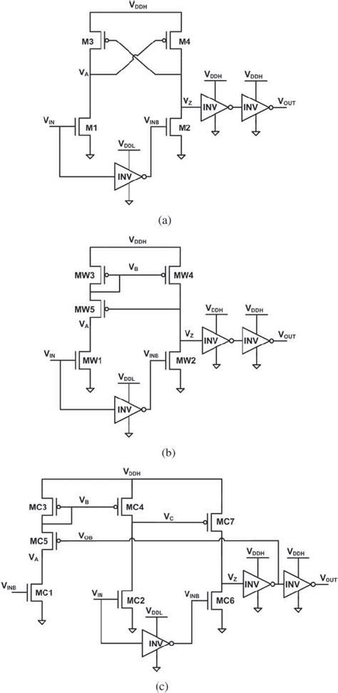 Level shifter circuit schematics: (a) conventional cross-coupled half... | Download Scientific ...