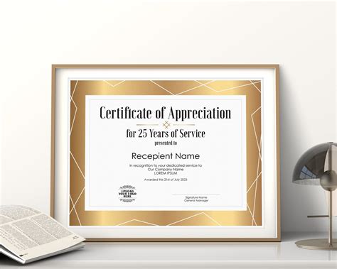 25 Years of Service EDITABLE Certificate of Appreciation Template, Printable Corporate Employee ...