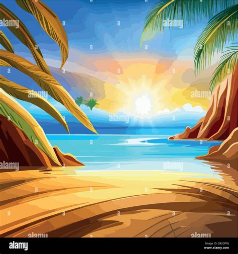 Summer Exotic Beach Landscape sandy shore with green palm trees and blue sea, vector ...