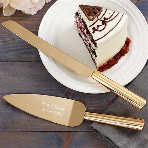 Custom Engraved Modern Gold Wedding Cake Knife & Server Set