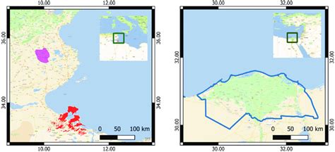 On the left, the boundaries of the test areas of Medenine (red) in the... | Download Scientific ...