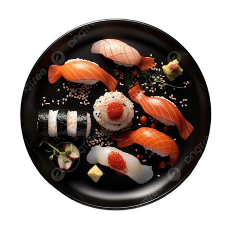 Sushi On Black Plate Aerial View Generative Ai Technology, Sushi, Food, Plate PNG Transparent ...