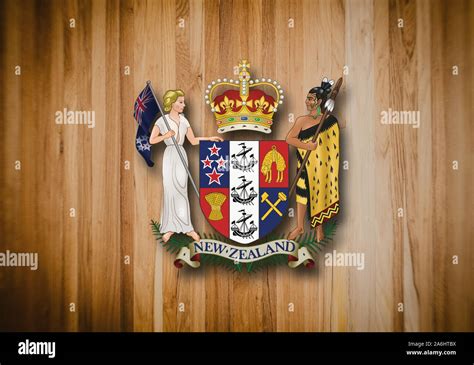 New Zealand coat of arms on wooden background Stock Photo - Alamy