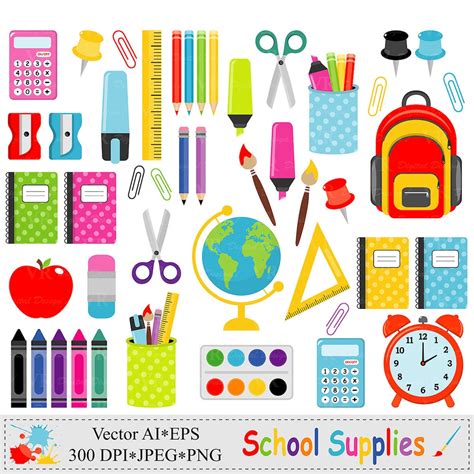 School Supplies Clip Art, Back to School Graphics, Stationery ...