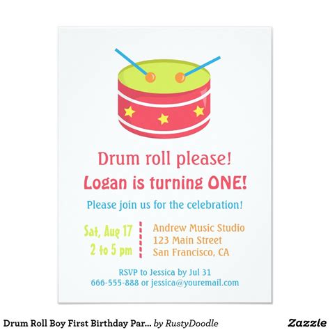 Drum Roll Boy First Birthday Party Invitations | Zazzle.com | Musical birthday party, Drum ...