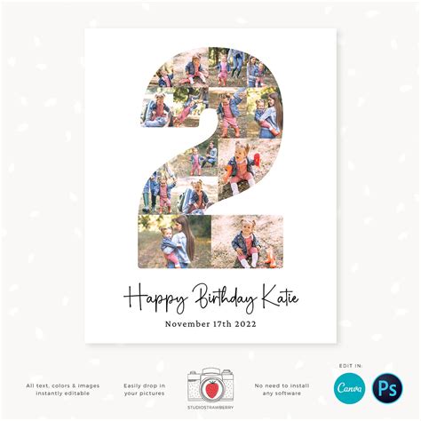 Number two photo collage template for 2 year birthday party – Strawberry Kit