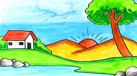 Cách vẽ tranh đề tài phong cảnh bình minh trên núi | how to draw simple sunrise scenery | Tổng ...