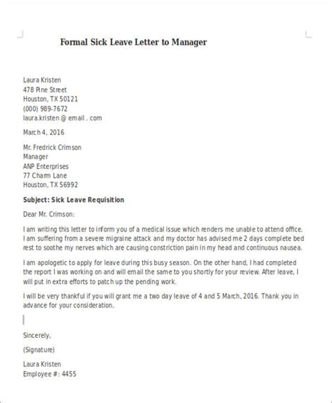 FREE 15+ Formal Sick Leave Letter Templates & Samples, PDF, Word, Google Docs, Pages