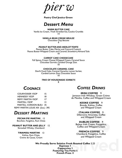 Pier W menu in Lakewood, Ohio, USA