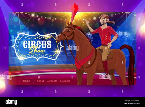 Shapito circus vector landing page with cartoon horse rider acrobat on circus stage, carnival ...