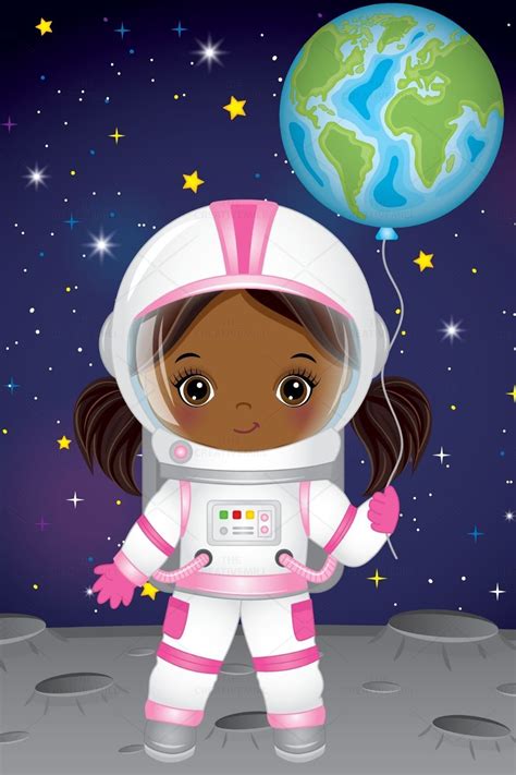 Girl astronaut clipart by thecreativemill vector outer space african american little astronaut ...