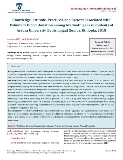 (PDF) Knowledge, Attitude, Practices, and Factors Associated with Voluntary Blood Donation among ...