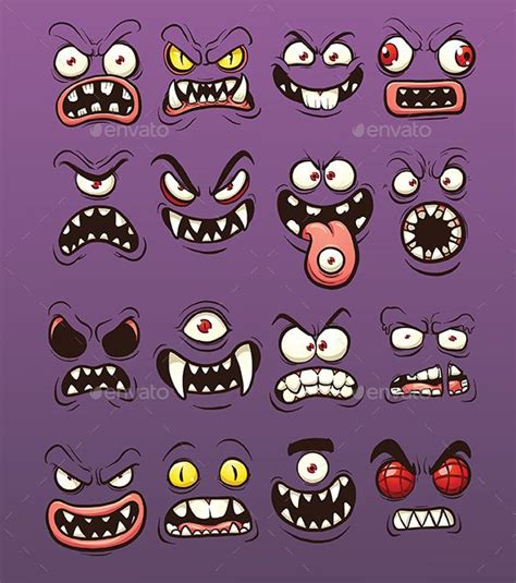 Cartoon scary and funny monster faces. Vector clip art illustration ...