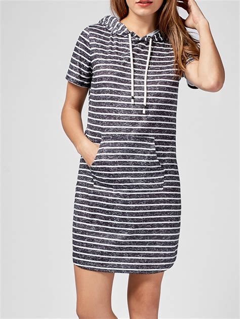 [66% OFF] Kangaroo Pocket Hooded Striped Mini Dress | Rosegal