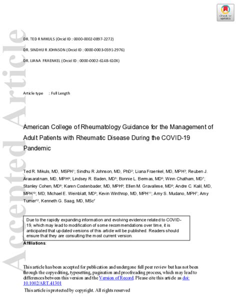 (PDF) American College of Rheumatology Guidance for the Management of ...