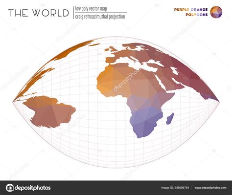 Low poly world map Craig retroazimuthal projection of the world Purple Orange colored polygons ...