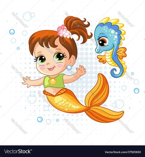 Cute baby mermaid and little seahorse Royalty Free Vector