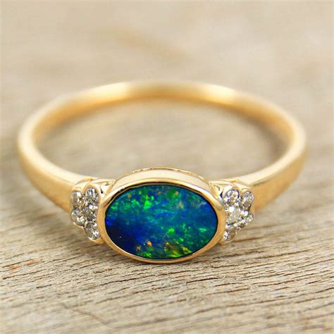 Black Opal & Diamond Engagement Wedding Ring 14K Gold Natural