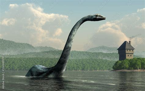 Nessie, the famed lake monster of Loch Ness in Scotland, rears out of the waters of the lake. A ...