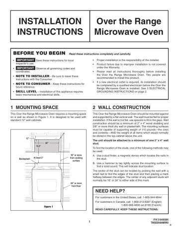 InstallatIon InstructIons over the range Microwave oven | Manualzz