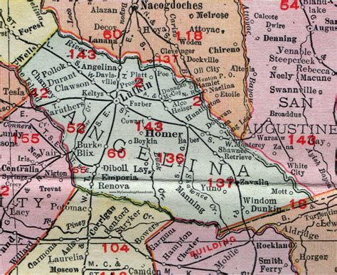 Angelina County, Texas, 1911, Map, Rand McNally, Lufkin, Homer, Zavalla ...