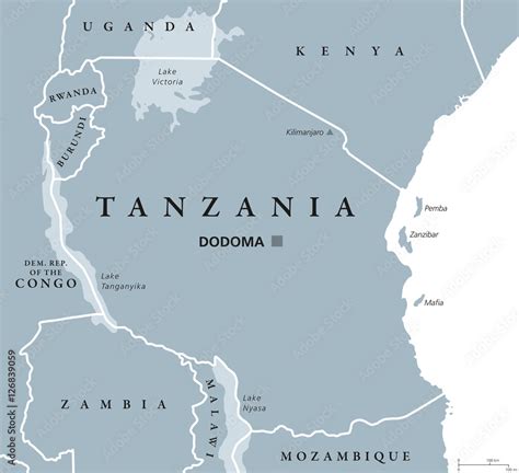 Tanzania political map with capital Dodoma, national borders, islands ...