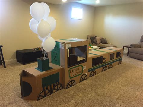 Cardboard train! Perfect for toddler parties! | Train theme birthday party, Cardboard train, Boy ...