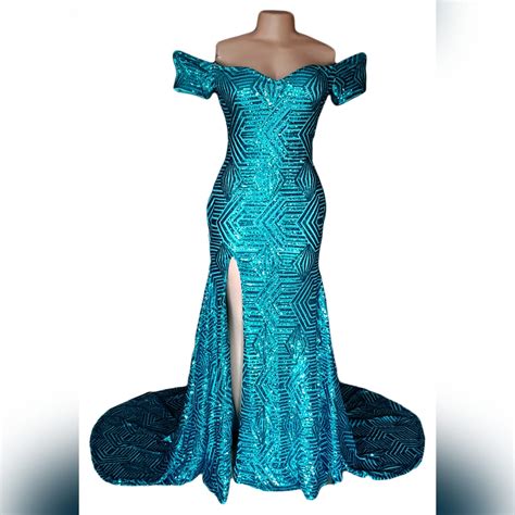 Turquoise green full patterned sequins prom off shoulder dress ...