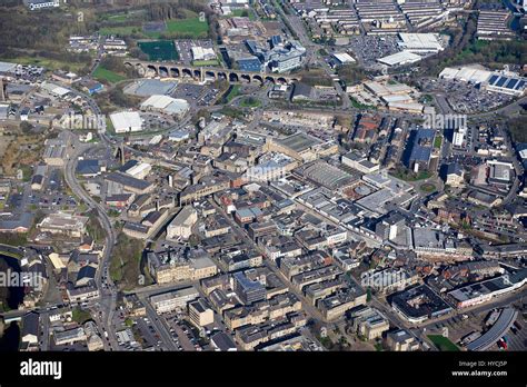 An aerial view of Burnley Town Centre, North West England, UK Stock ...