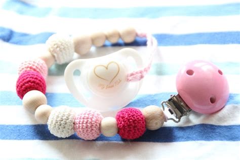 Pink natural wooden baby dummy holder / Baby pacifier clip / | Etsy