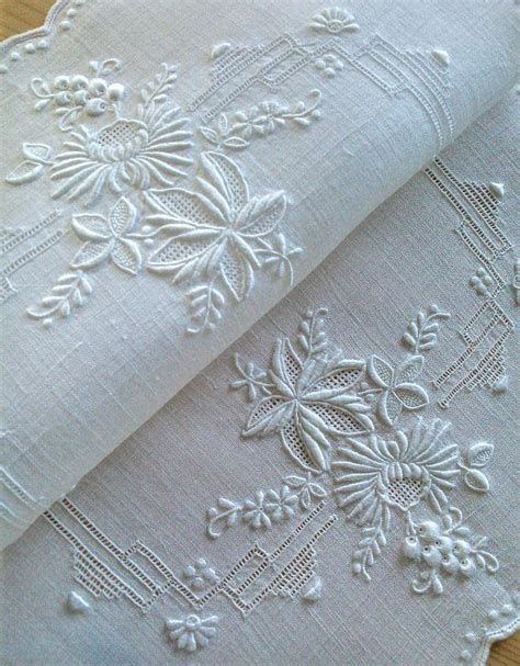 Beautiful Hand Embroidered White Work Floral Linen Tray Cloth | Linens and lace, Antique linens ...