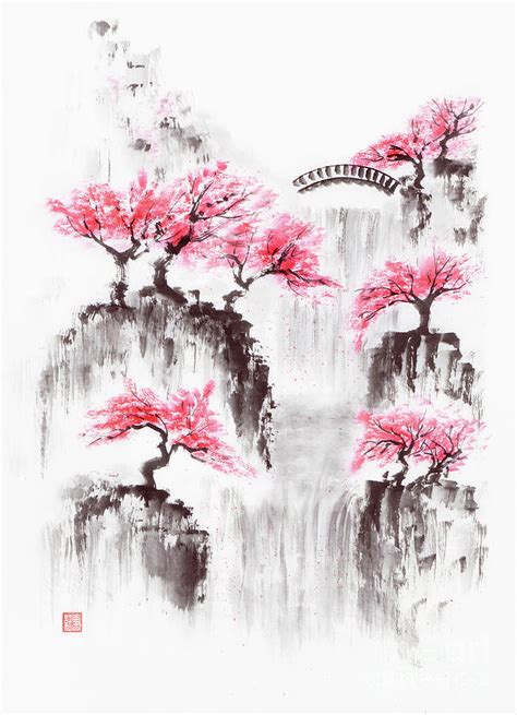 Sakura tree blossom Zen garden with a waterfall and a bridge Fin Painting by Awen Fine Art ...