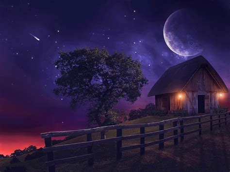 Download Star Tree Moon Fence Shed Artistic Fantasy HD Wallpaper