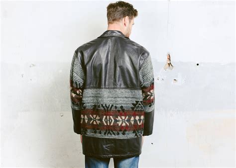 Men Aztec Fleece Coat . Southwestern Wool Jacket Dark Winter Outerwear Vintage Mens 80s Navajo ...