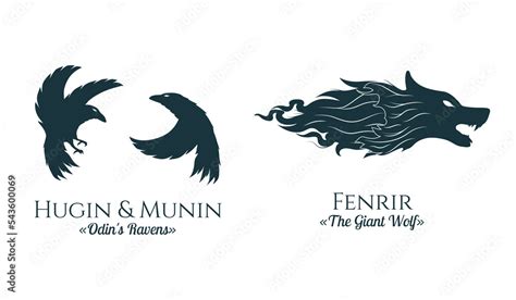 Viking symbols the Giant wolf and Odin's Ravens. Two isolated scandinavian vector illustration ...