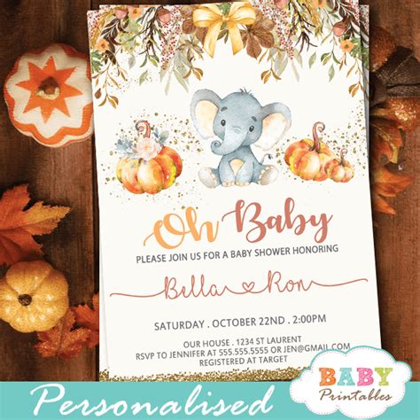 Fall Theme Elephant Baby Shower Invitations - D428 - Baby Printables