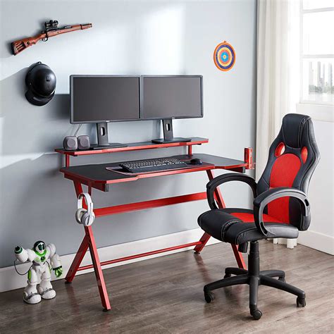 Contemporary Red and Black Gaming Desk With Shelf | CT-1913L1 BLACK&RED ...