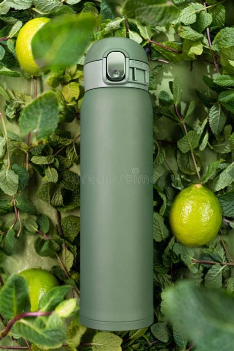 Green Thermos with Mint Leaves and Lemon. Thermos for Storing Warm ...