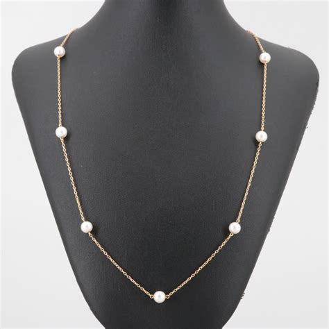 14K Yellow Gold Cultured Pearl Station Necklace | EBTH