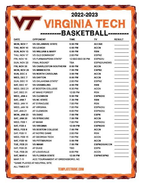 Printable 2022-2023 Virginia Tech Hokies Basketball Schedule